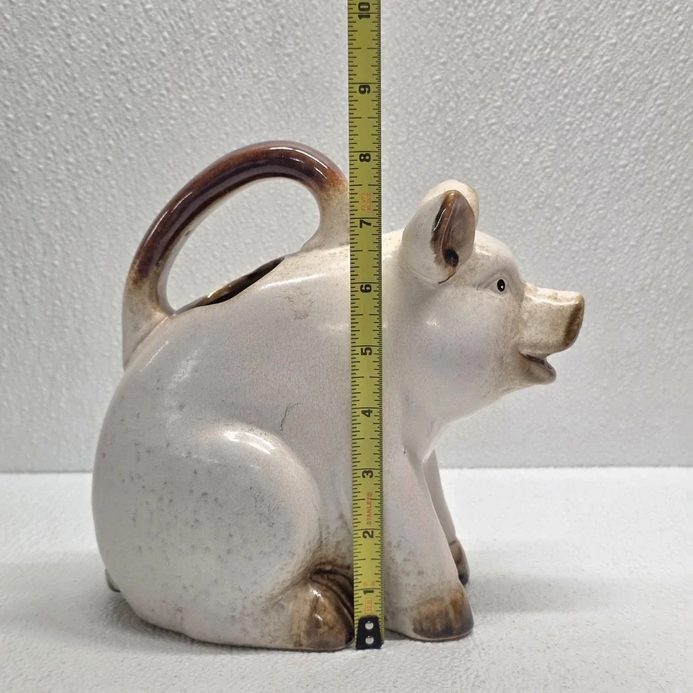 Vintage Ceramic White Pig Pitcher Watering Can Heavy Farm Stoneware